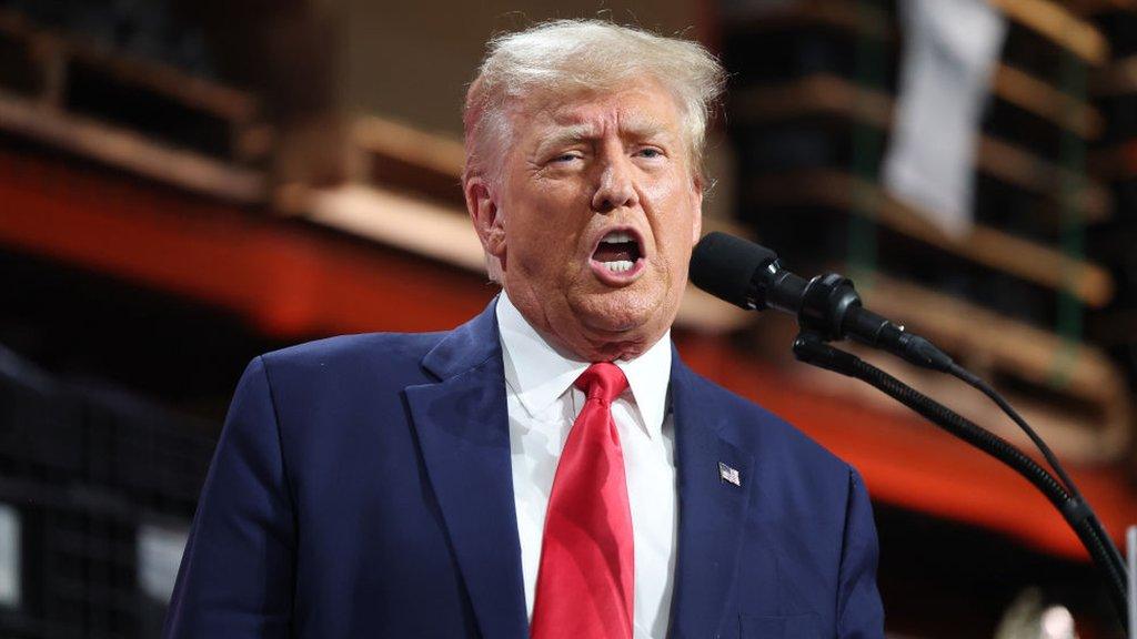 Former US President Donald Trump speaks speaks at a campaign rally on 27 September 2023 in Clinton Township, Michigan