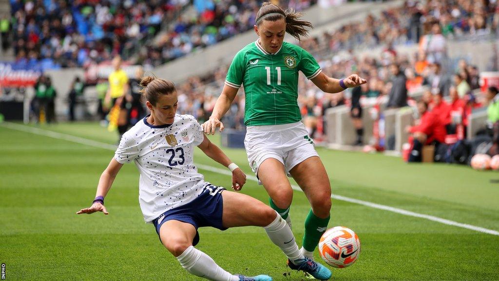 USA defender Emily Fox tackles Katie McCabe in Saturday's friendly in Texas