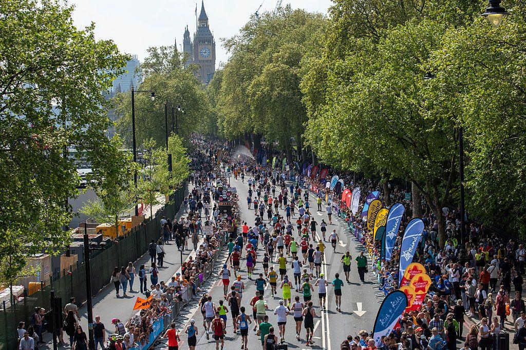 People running along the Strand in the London Marathon