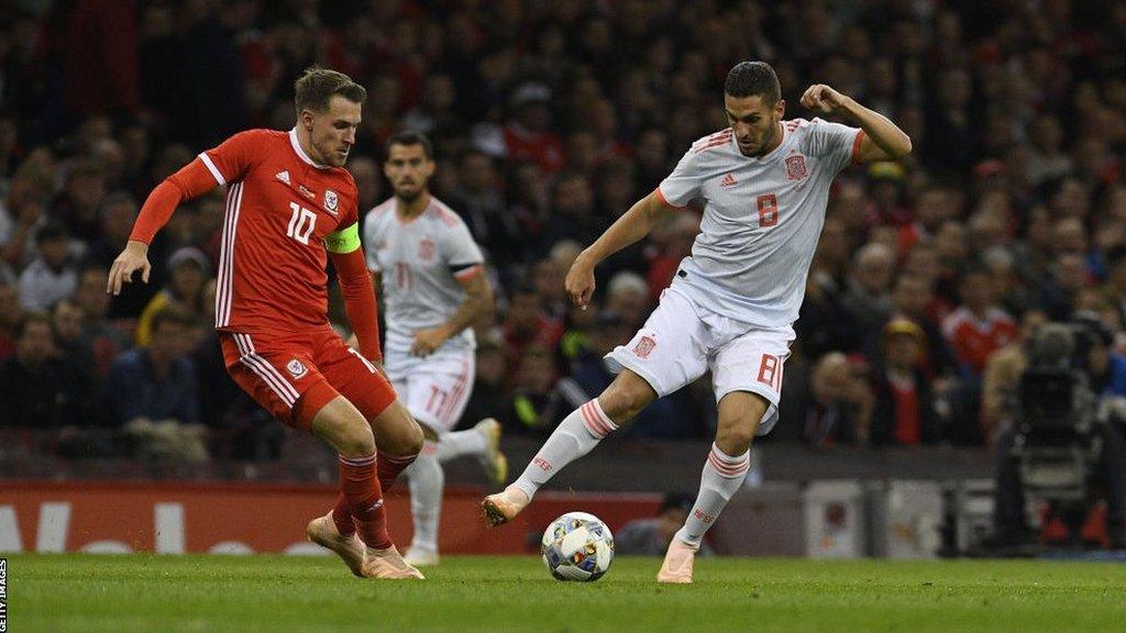 Wales midfielder Aaron Ramsey in action against Spain at the Principality Stadium in 2018