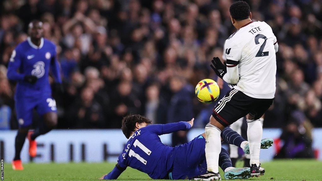 Chelsea's Joao Felix tackles Fulham's Tete and is sent off on his Premier League debut