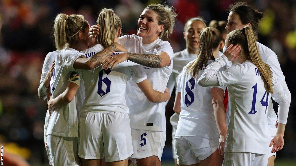 England celebrate a goal at the Arnold Clark Cup this year