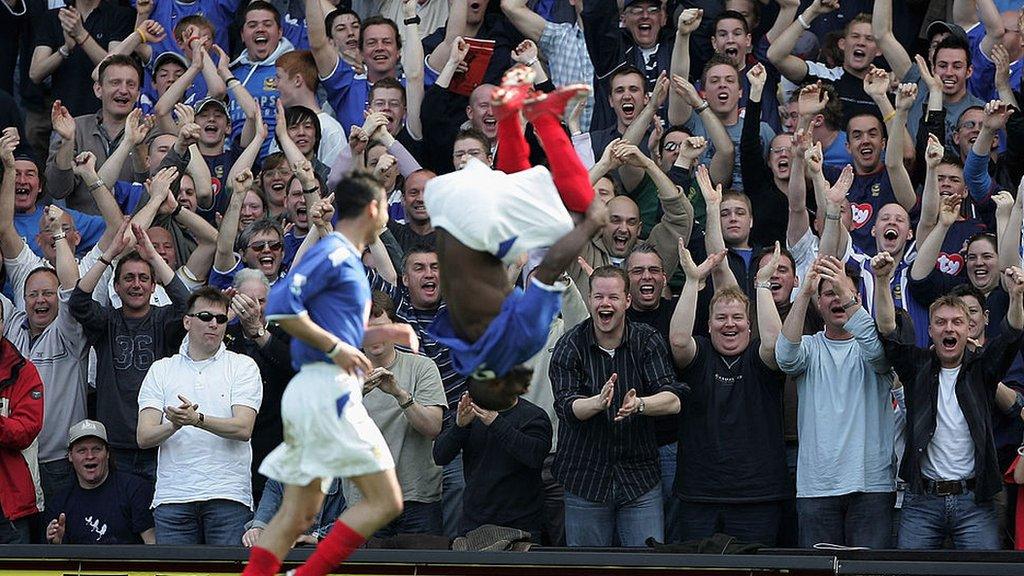 Lomana LuaLua unleashes his back-flip celebration after scoring for Portsmouth