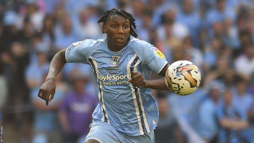 Brooke Norton-Cuffy chases the ball while in action for Coventry City in the Championship play-off final at Wembley