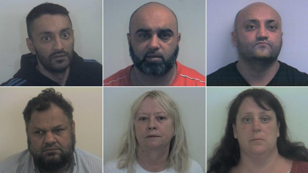 Arshid Hussain (top left) and Bannaras (top centre) and Basharat Hussain (top right) Qurban Ali (bottom right) Karen MacGregor (bottom centre) and Shelley Davies (bottom left) were found guilty after the trial at Sheffield Crown Court