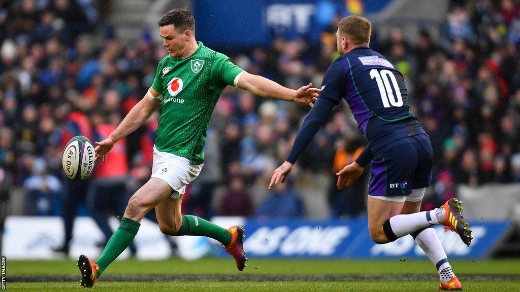 Ireland's Johnny Sexton and Scotland's Finn Russell