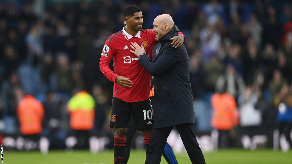 Manchester United's Marcus Rashford and Erik ten Hag