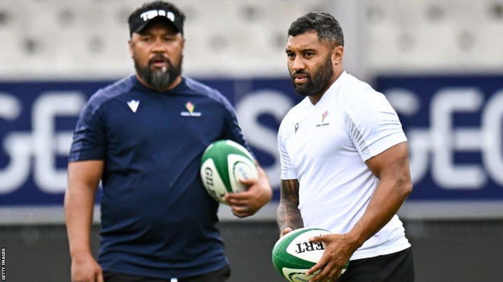 Samoa head coach Seilala Mapusua with Lima Sopoaga during Friday's captain's run in Bayonne