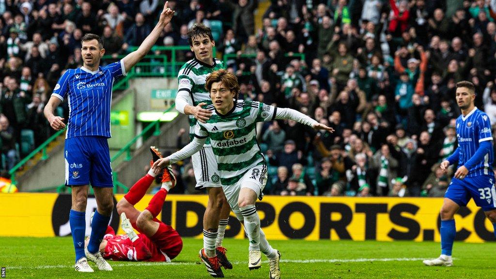 Kyogo Furuhashi celebrates after scoring for Celtic against St Johnstone