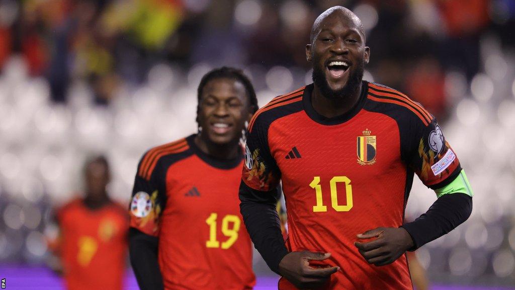 Romelu Lukaku celebrates scoring for Belgium against Azerbaijan