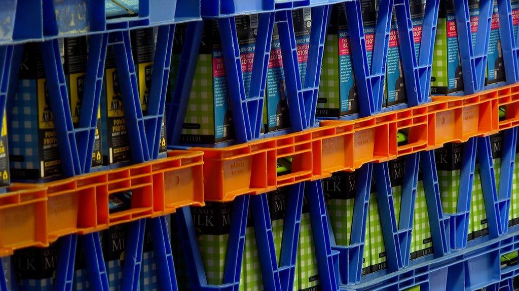 Guernsey Dairy milk crates containing cartons