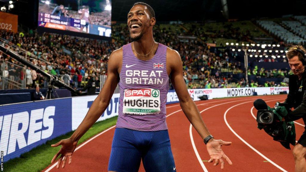 Zharnel Hughes celebrates after the men's 200m final at the European Championships in 2022