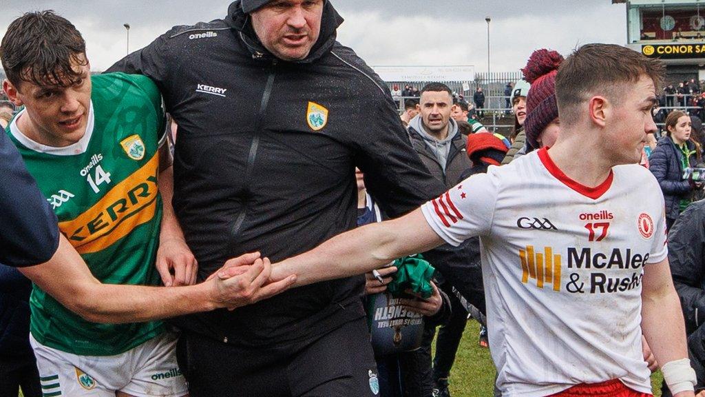 David Clifford and Ruairi Canavan shake hands after Tyrone's win over Kerry