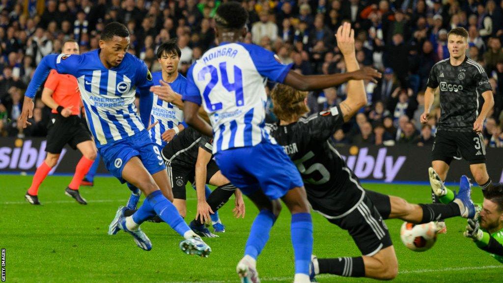 Joao Pedro scores Brighton's first goal against Ajax