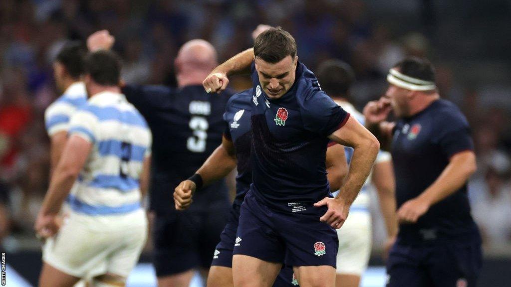 George Ford celebrates landing a drop goal against Argentina