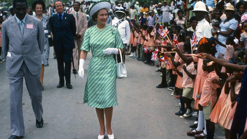 Queen Elizabeth ll is greeted by the public during a walkabout in Barbados on November 01, 1977 in Barbados