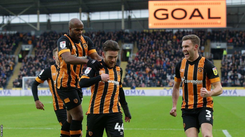 Hull City celebrate Aaron Connolly giving them the lead against QPR