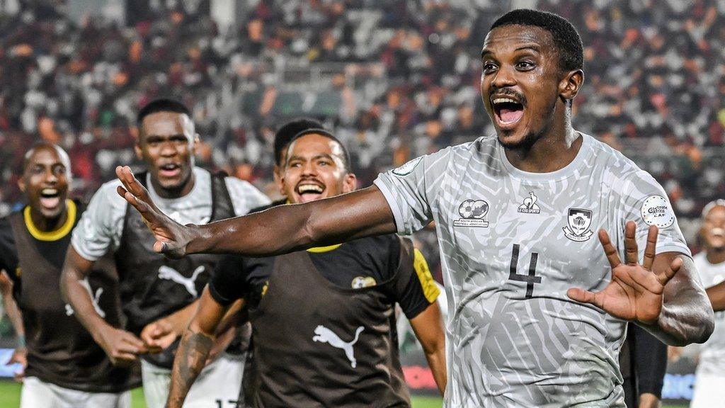 Teboho Mokoena celebrates scoring for South Africa against Morocco