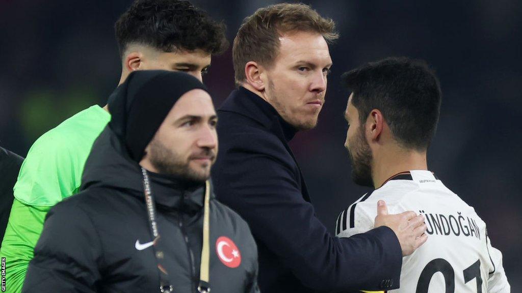 Julian Nagelsmann looks on during the game with Turkey