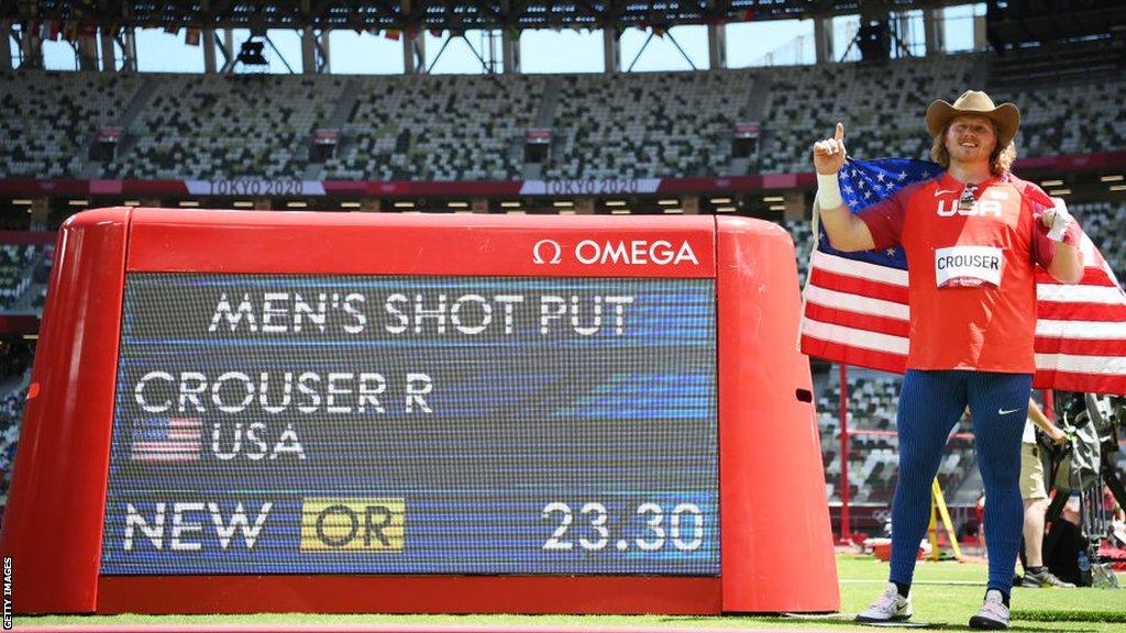 Ryan Crouser celebrates his Olympic record after winning gold at the Tokyo Olympics