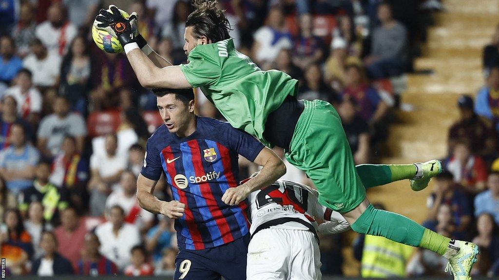 Barcelona's Robert Lewandowski in action against Rayo Vallecano in La Liga