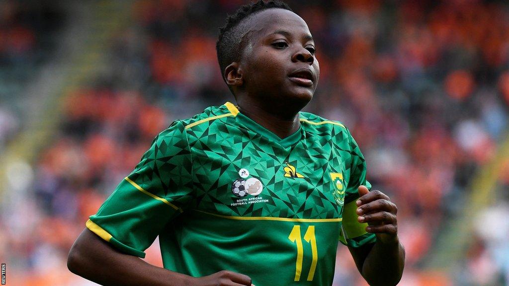 South Africa's Thembi Kgatlana celebrates scoring against the Netherlands in 2022