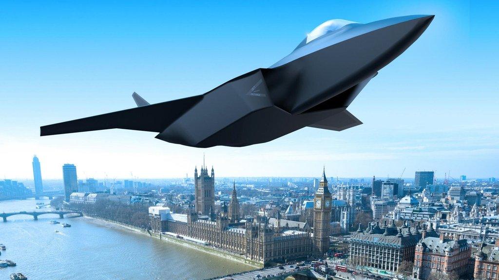 Concept art shows the new fighter jet rising about the Houses of Parliament