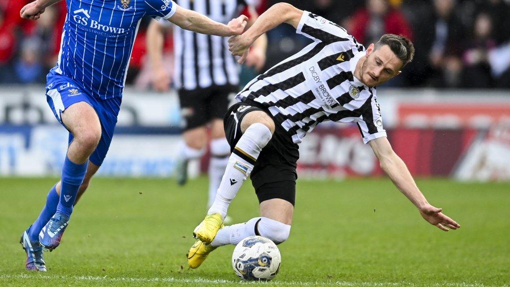 St Mirren's Scott Tanser (R) and St Johnstone's Tony Gallacher in action during a cinch Premiership match between St Mirren and St Johnstone at the SMiSA Stadium, on February 24, 2024, in Paisley, Scotland.