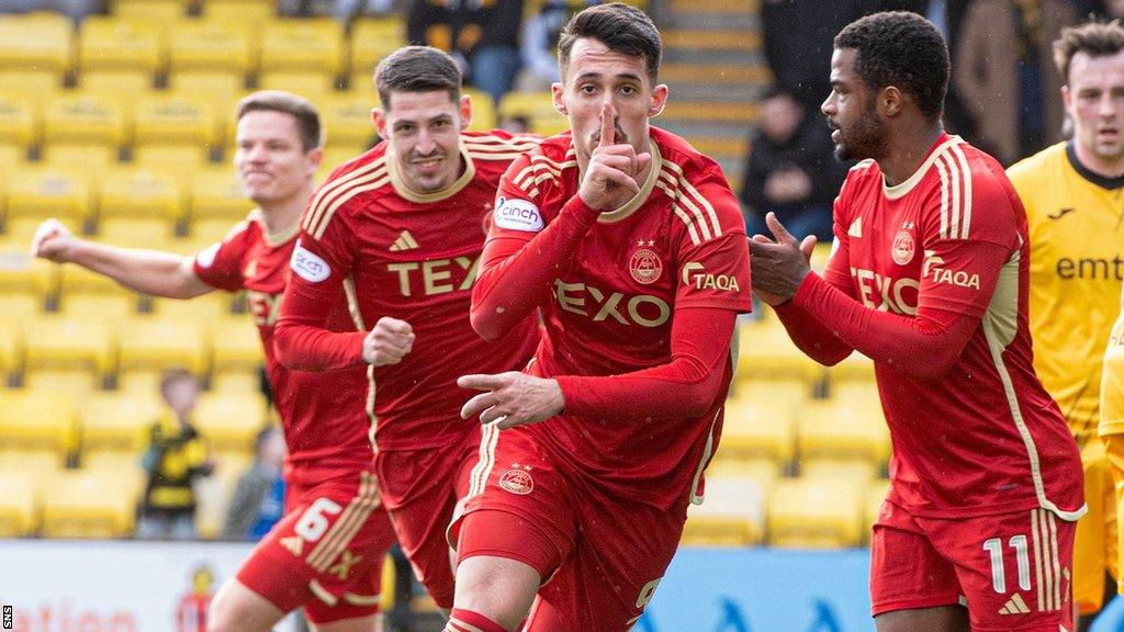 Aberdeen striker Bojan Miovski celebrates