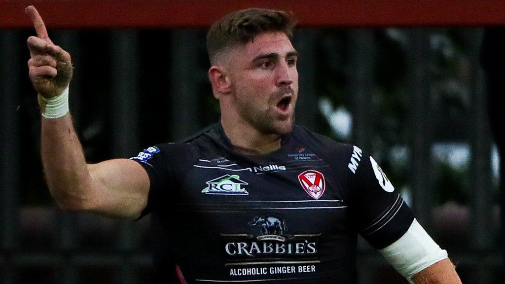 Tommy Makinson of St Helens celebrates his first try against Wakefield