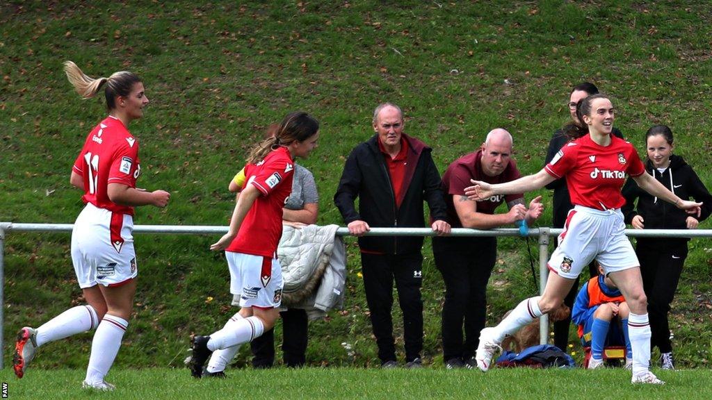 Rosie Hughes celebrates during Wrexham's game against Llanfair United Ladies earlier this season