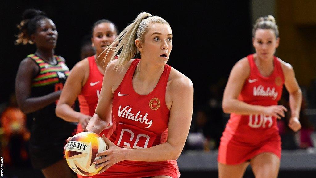 Helen Housby with the ball for England against Malawi