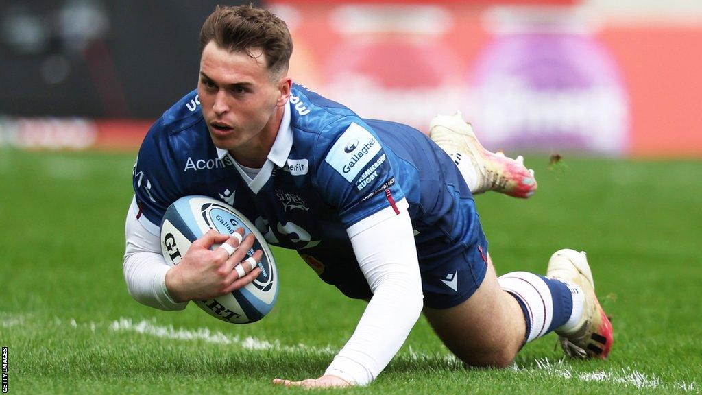 Tom Roebuck scores Sale's first try against Newcastle Falcons at the AJ Bell Stadium