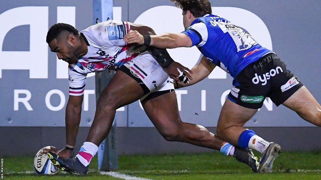 Siva Naulago scores a second-half try for Bristol against Bath at the Rec