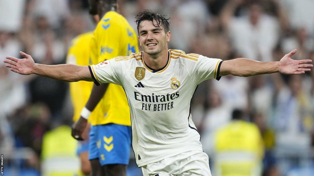 Real Madrid's Brahim Diaz celebrates goal against Las Palmas