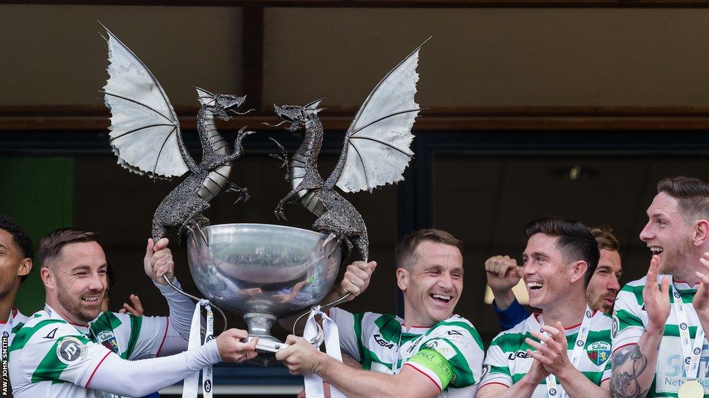 The New Saints players celebrate after winning the 2022-23 Cymru Premier