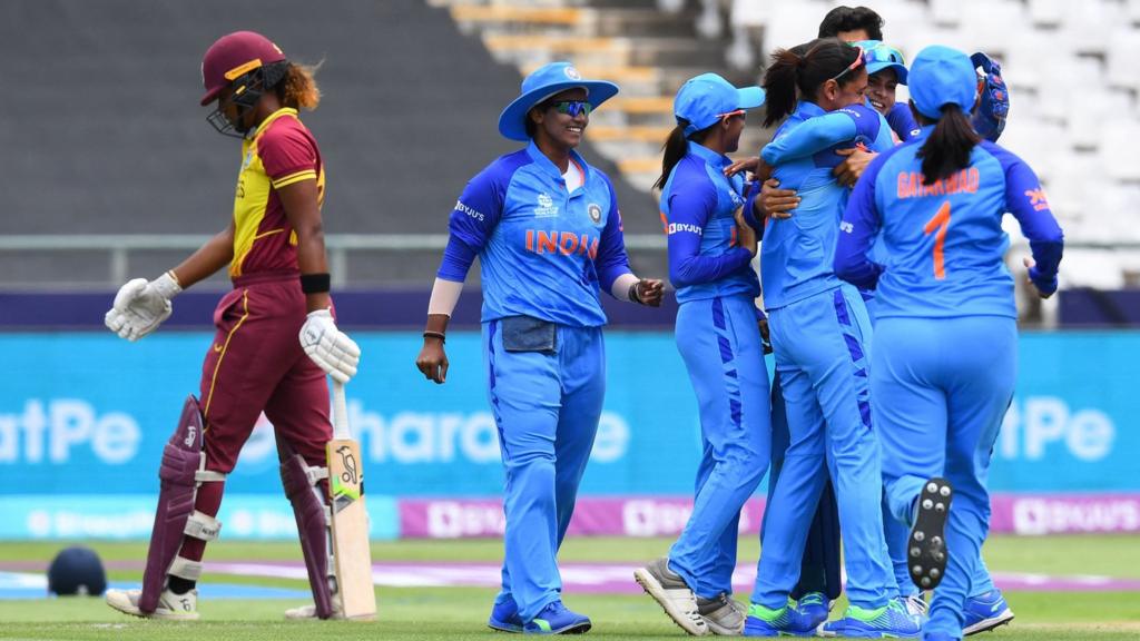 India celebrate the wicket of Hayley Matthews