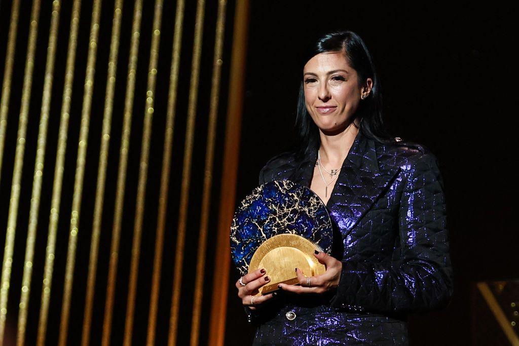 Spanish forward Jennifer Hermoso Fuentes receives the Socrates Trophy f