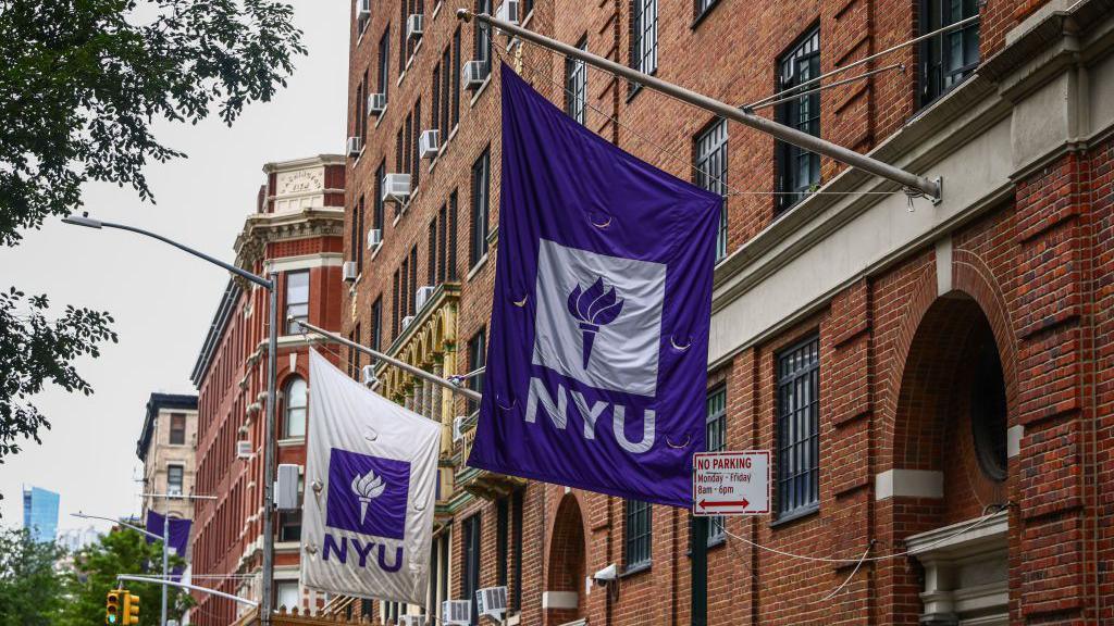 A stock style image showing signs hanging on a building saying 'NYU'