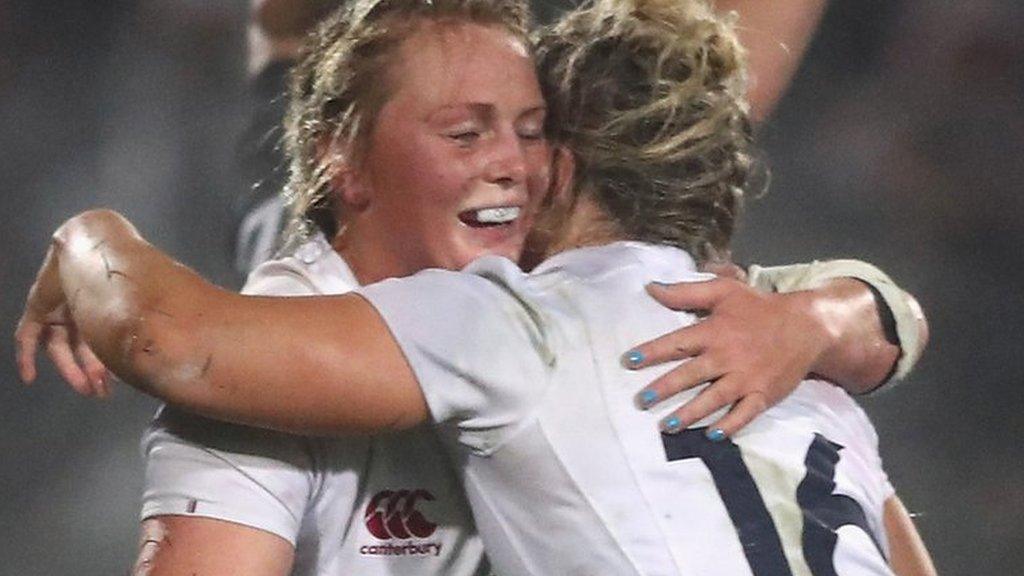 Engalnd's Izzy Noel- Smith (left) and Vicky Fleetwood celebrate after their victory over new Zealand