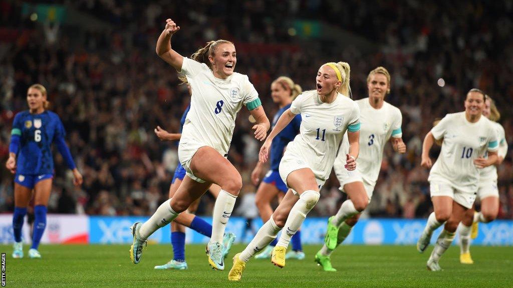 England celebrate victory over the United States at Wembley