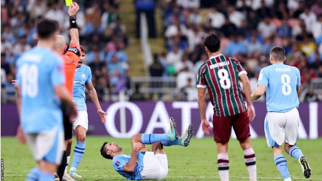 Rodri goes down in pain after a bad tackle in the Club World Cup final