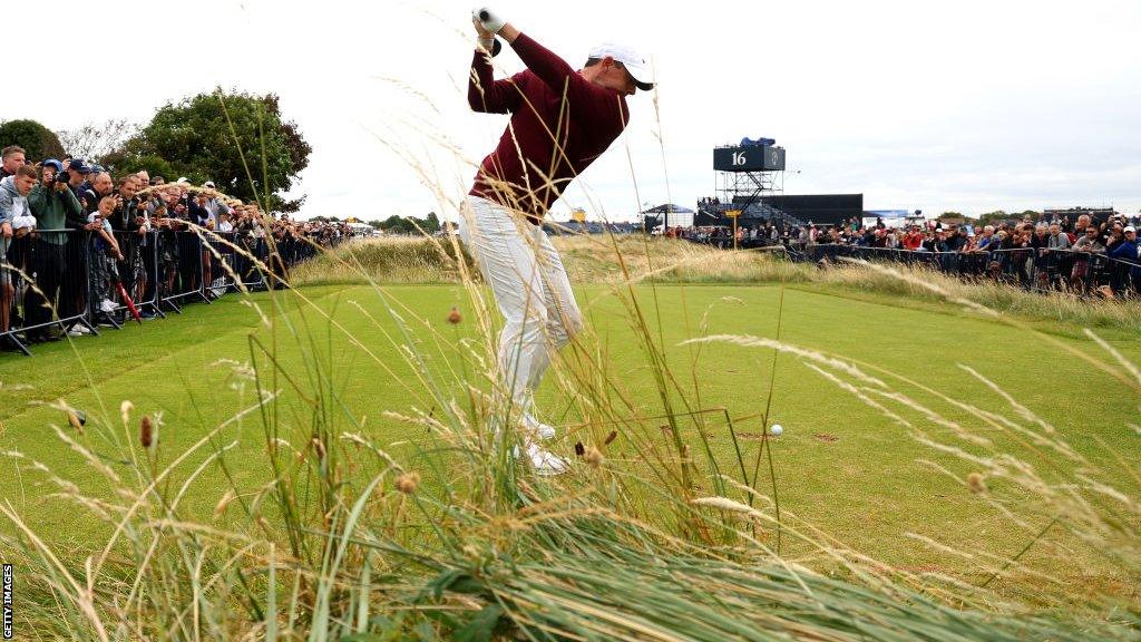 Rory McIlroy hitting a tee shot in a practice round at Royal Liverpool