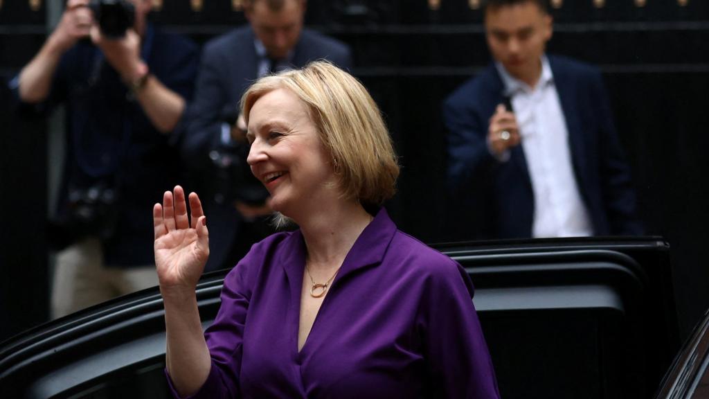 Liz Truss arrives at the Conservative Party headquarters after her win