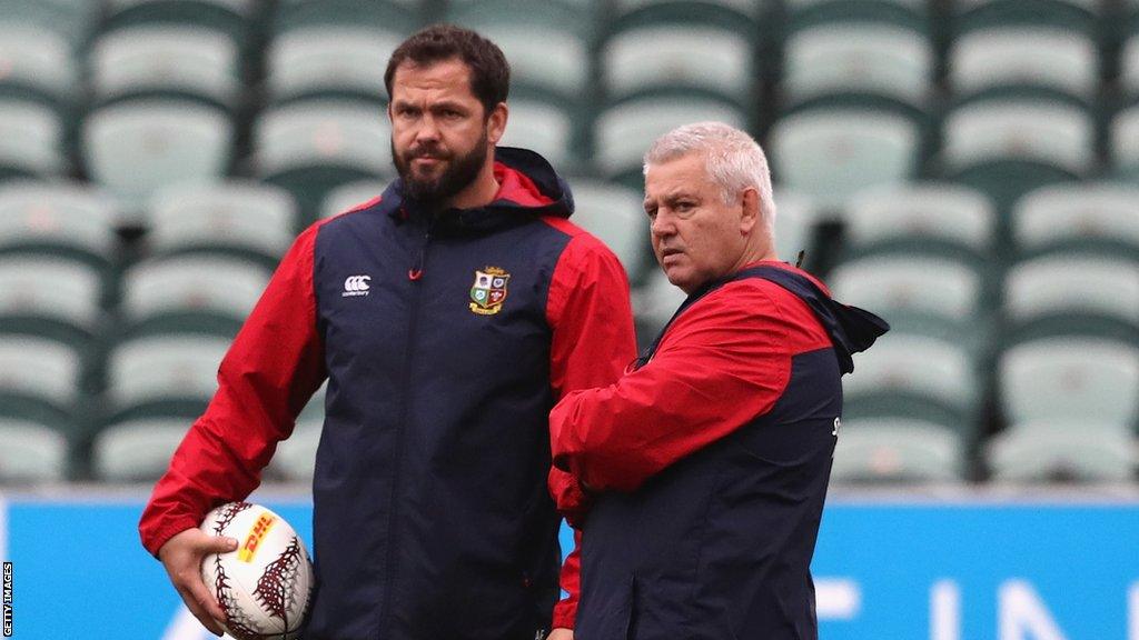 Andy Farrell and Warren Gatland pictured at a Lions training session in 2017