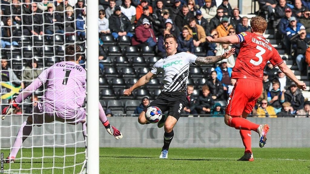 Derby's James Collins having a shot at goal against MK Dons