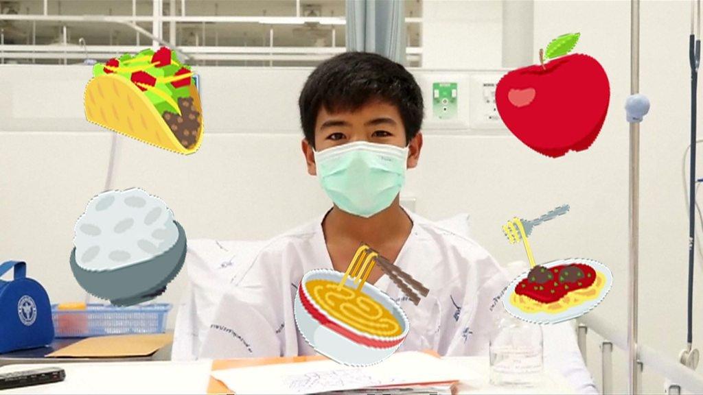 Thai boy wearing a hospital mask with food emojis around him