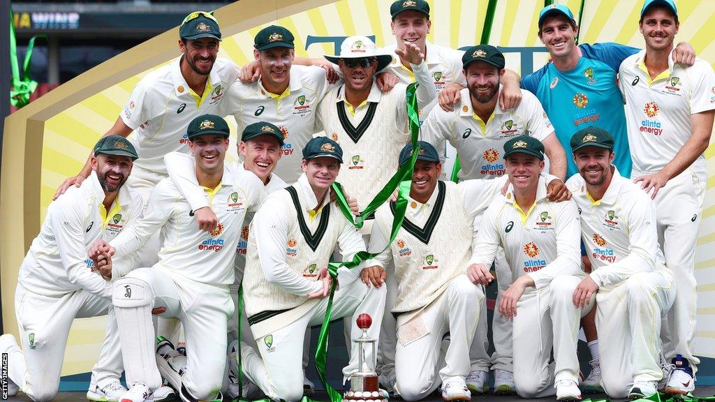 Australia celebrate with the Frank Worrell Trophy