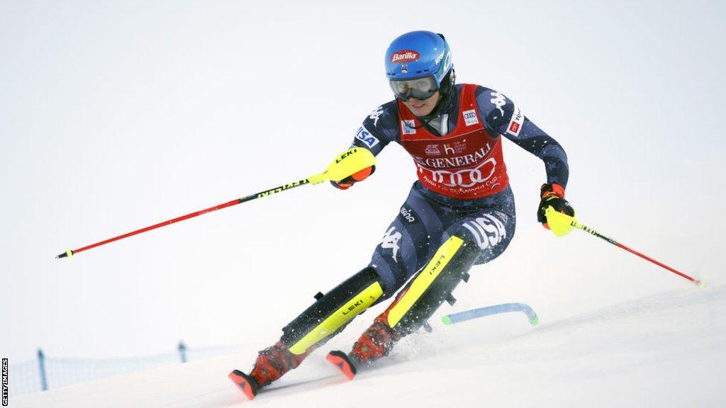 Mikaela Shiffrin in world cup slalom action in Levi, Finland