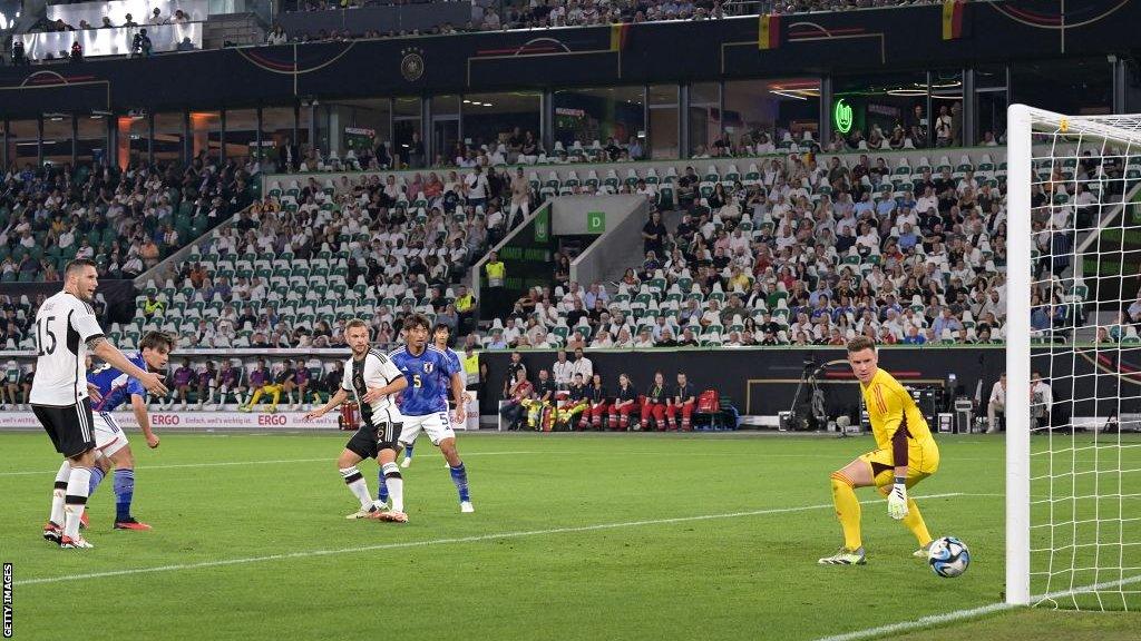 Marc-Andre ter Stegen watches the ball roll past him into the net